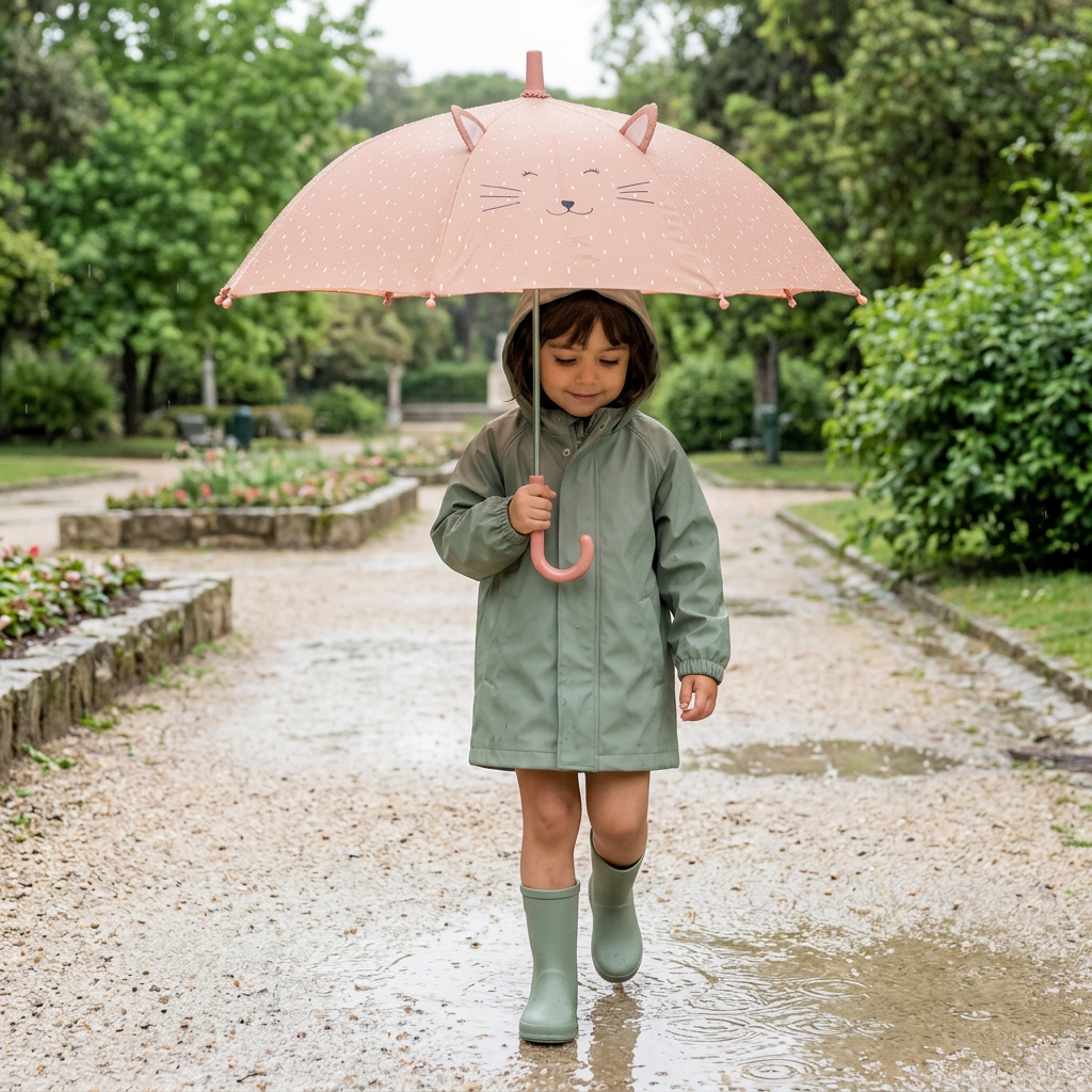 criança à chuva com o guarda-chuva infantil Trixie Mrs Cat.