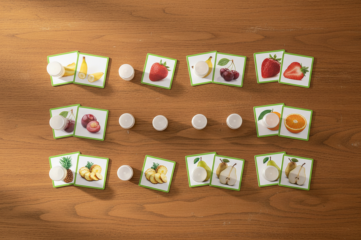 Jogo do Olfato — lifestyle boijões e fichas de frutas dispostos em pares na mesa