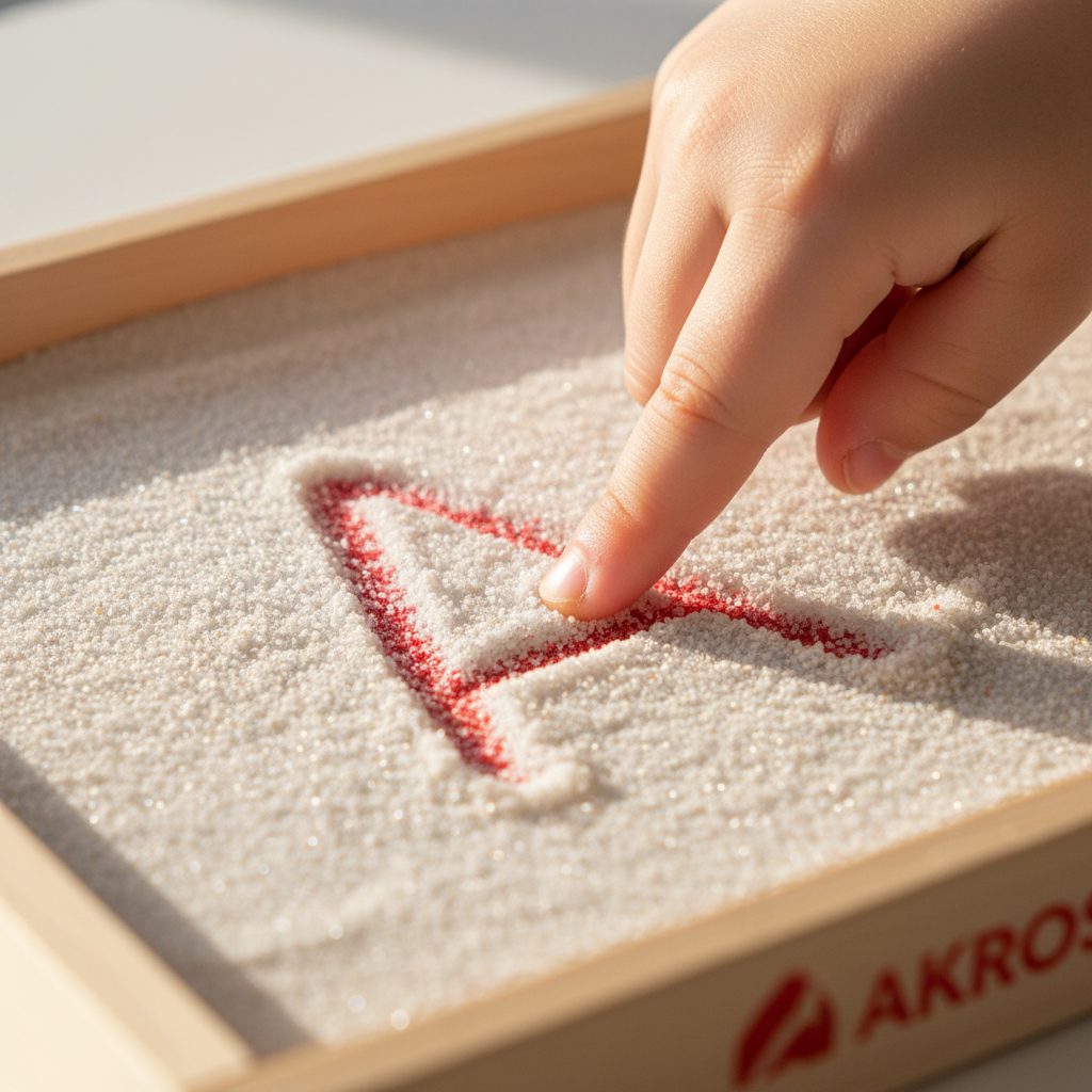 Caixa Multissensorial Montessori — detalhe macro dedo a traçar letra na areia