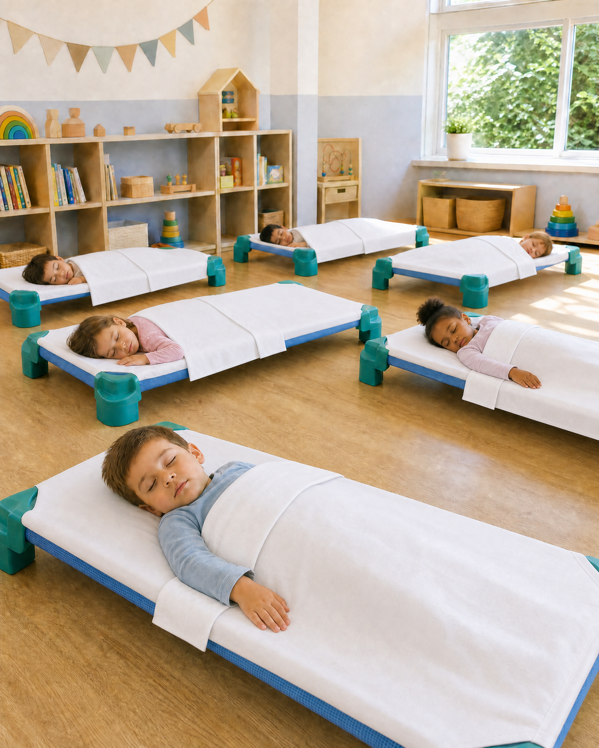 Lençóis Tipo Saco Cama para Catre de Creche e Jardim de Infância — 131 × 58 cm, 4 Elásticos, Algodão e Poliéster — Brevemente em Stock