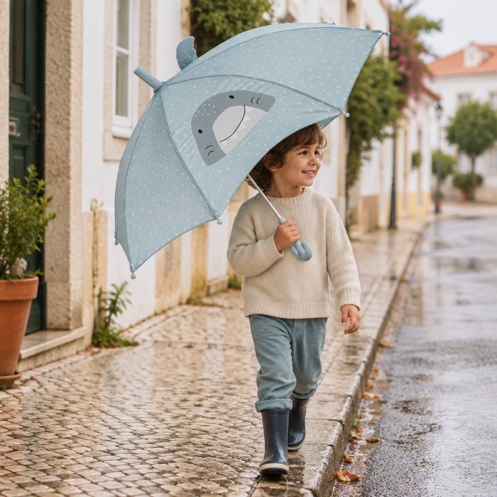Criança a caminhar num passeio molhado com guarda-chuva Trixie Mr. Shark azul-claro aberto.