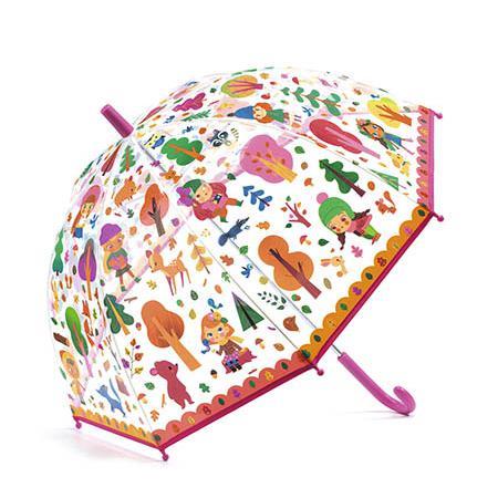 Guarda-chuva infantil Floresta da Djeco aberto, com ilustrações coloridas de árvores, animais e personagens, pega e rebordo roxos.