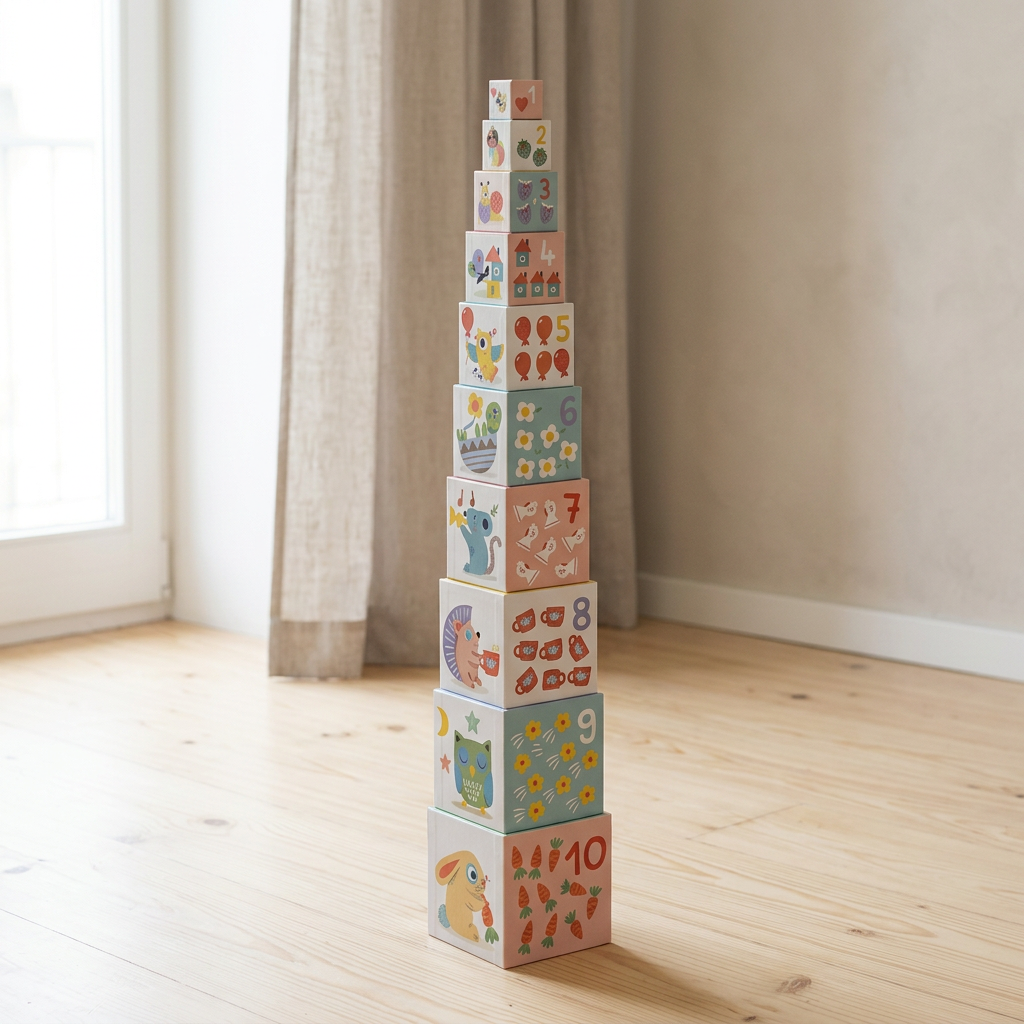 Torre junto à janela: “Torre de 10 cubos BabyBloki Djeco com animais e números, no chão junto a uma janela.”