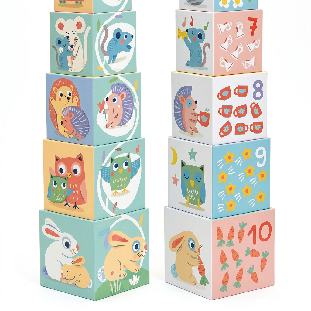 Pormenor dos cubos: “Pormenor dos cubos BabyBloki Djeco com coelhos, corujas, ouriços, números e imagens para contar.”