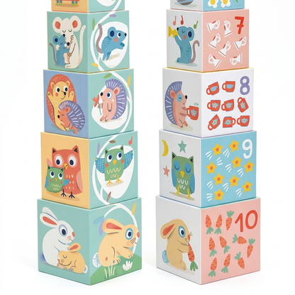 Pormenor dos cubos: “Pormenor dos cubos BabyBloki Djeco com coelhos, corujas, ouriços, números e imagens para contar.”