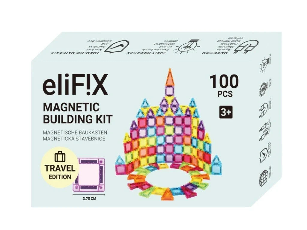 Embalagem do kit magnético eliFIX Travel, com 100 peças, indicado a partir dos 3 anos.
