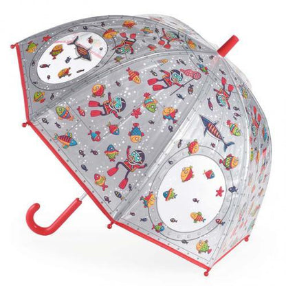 Guarda-chuva infantil Debaixo de Água da Djeco, com peixes coloridos, rebordo vermelho e pega vermelha curva.