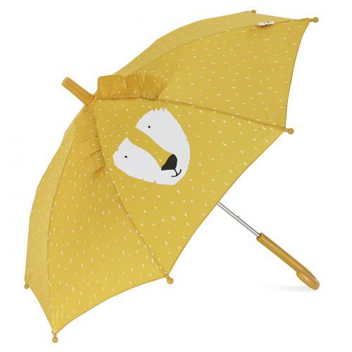 Guarda-chuva Trixie Mr. Lion amarelo-mostarda, com rosto de leão e pega curva