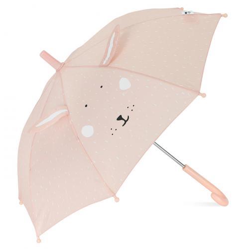 Guarda-chuva infantil Trixie Mrs Rabbit aberto, rosa-claro, com rosto de coelho e orelhas em relevo.”