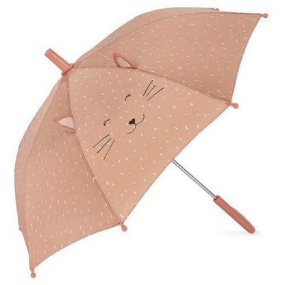 Guarda-chuva infantil Trixie Mrs Cat aberto, rosa, com rosto de gato, bigodes e orelhas em relevo.