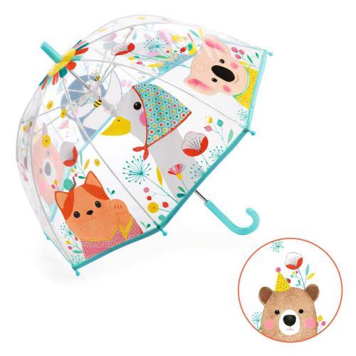 Guarda-chuva infantil Natureza da Djeco, transparente, com animais ilustrados e pega verde-água.