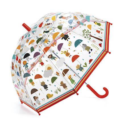 Guarda-chuva infantil Under the Rain da Djeco com ilustrações coloridas e cabo vermelho