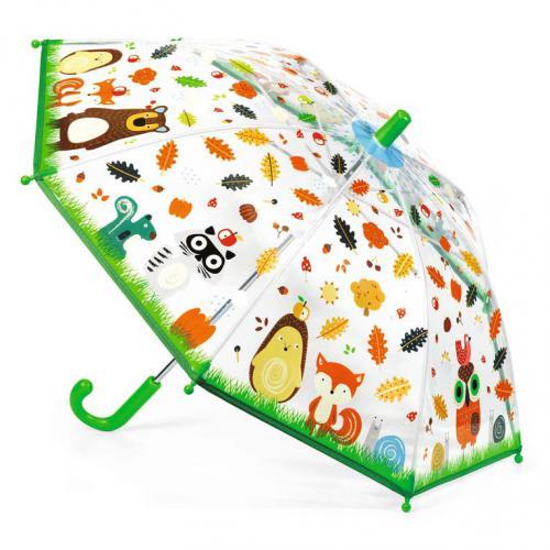 Animais da Floresta”: Guarda-chuva infantil Animais da Floresta da Djeco, aberto, com animais e folhas coloridas e pega verde.