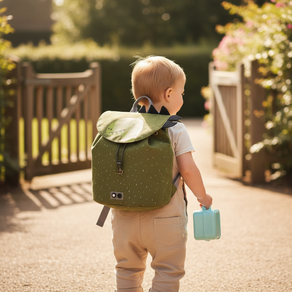 Mochila Mini Dinossauro — criança a caminho da escola