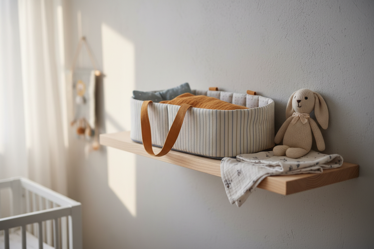 Berço Alcofa Linhas Azuis Djeco — Lifestyle prateleira com coelhinho