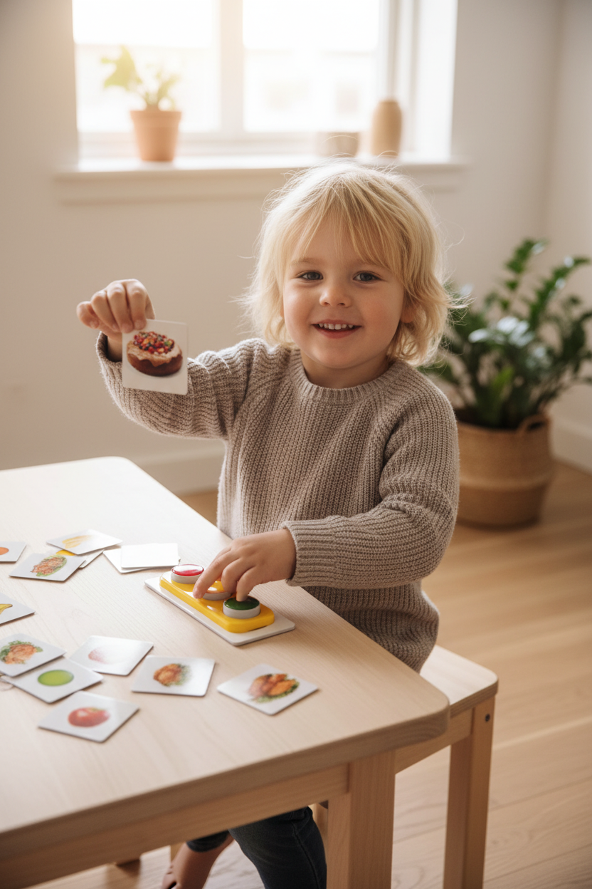 Jogo O Semáforo da Alimentação — UGC criança a pressionar vermelho para o bolo