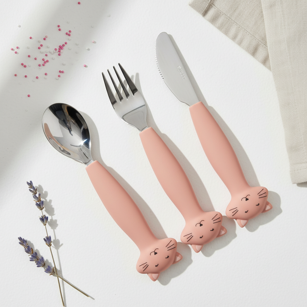 Talheres Silicone Mrs. Cat Trixie — Contexto detalhe cabea gato e aço