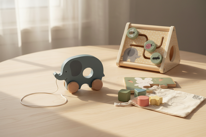 Caixa Pack — Lifestyle 4 brinquedos na mesa