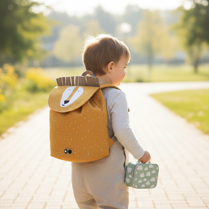 Mochila Mini Leão — lifestyle criança a caminho da creche