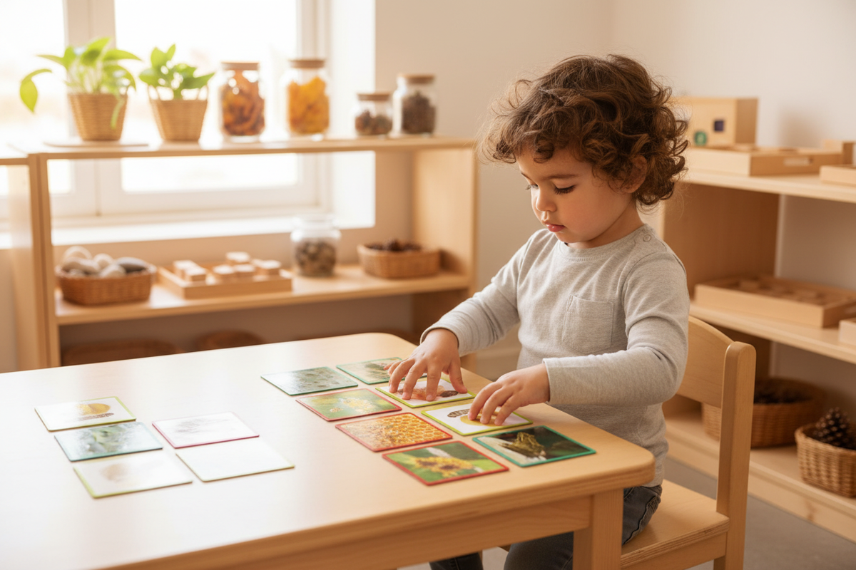 Criança em sala de aula Montessori a ordenar cartões de sequências da natureza