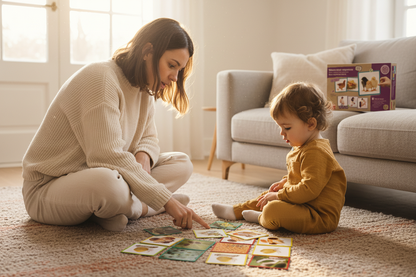 Mãe e filho a jogar com cartões de sequências da natureza no chão da sala