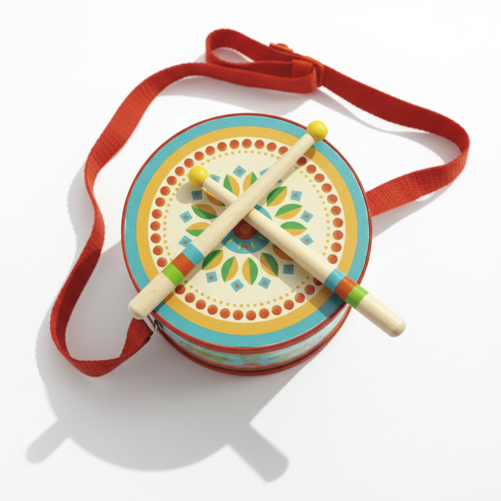 Tambor Djeco AniMambo — Contexto flat lay detalhe ilustrações