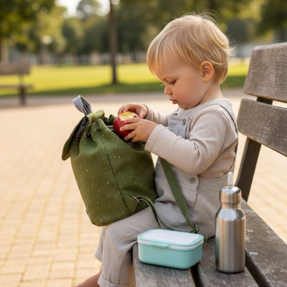 Mochila Mini Dinossauro — criança a tirar o lanche