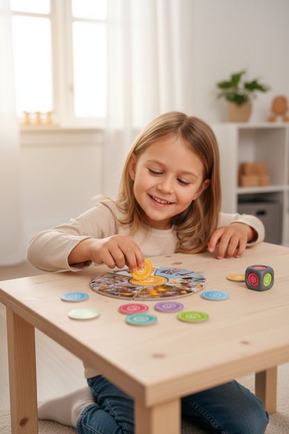 Jogo Como te Sentirias Se — UGC criança a colocar ficha de emoção pequena na roda