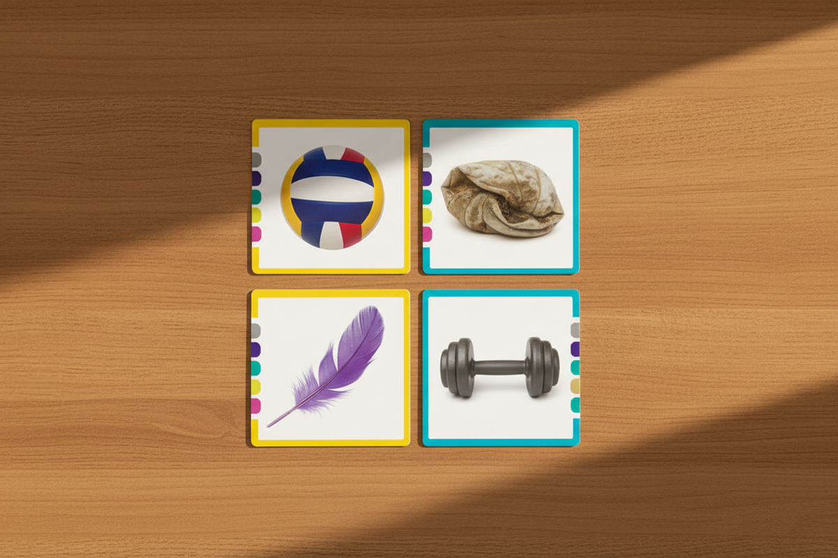 Jogo dos Contrastes — lifestyle pares de opostos na mesa de madeira
