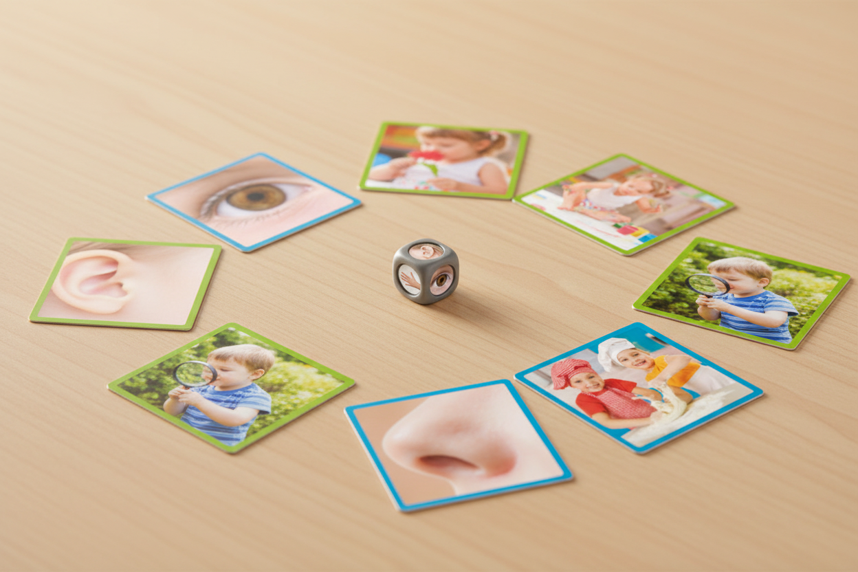 Jogo Os 5 Sentidos — lifestyle dado pequeno entre os cartões na mesa
