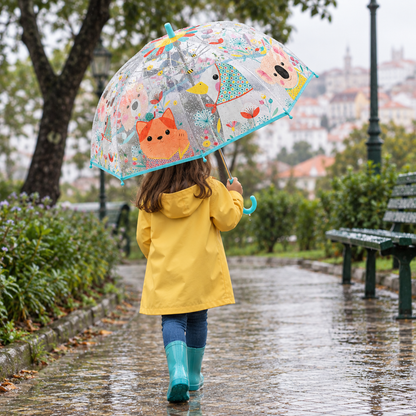 Criança a usar o guarda-chuva Natureza da Djeco num passeio à chuva