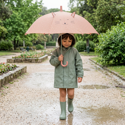  criança à chuva com o guarda-chuva infantil Trixie Mrs Cat.