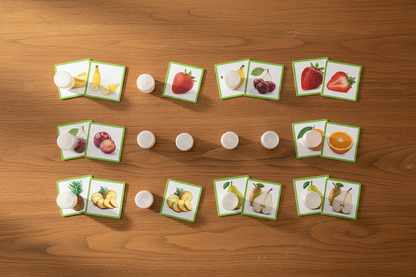 Jogo do Olfato — lifestyle boijões e fichas de frutas dispostos em pares na mesa