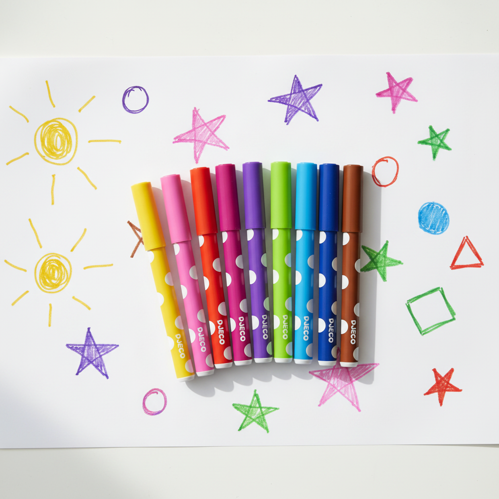 Canetas de Feltro Laváveis Djeco — Contexto flat lay todas as cores