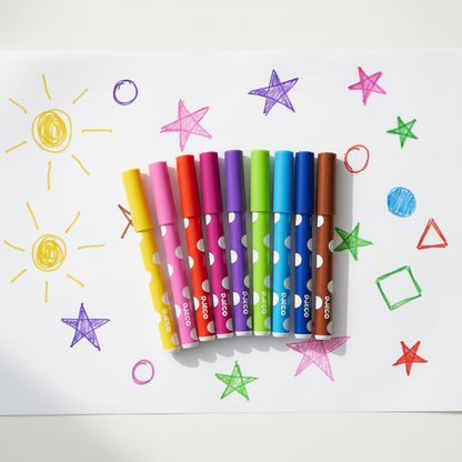 Canetas de Feltro Laváveis Djeco — Contexto flat lay todas as cores
