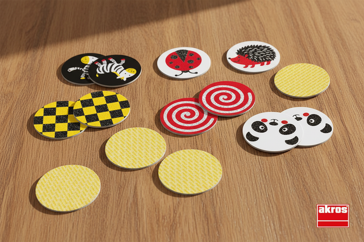 Jogo de Memória com Texturas — lifestyle pares de cartas táteis circulares na mesa de madeira