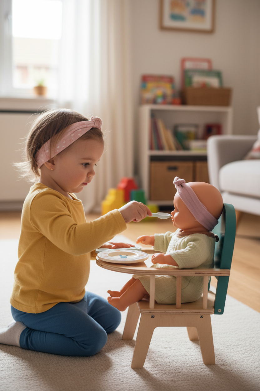 Cadeira Refeição Bonecas Djeco — UGC menina a dar de comer à boneca