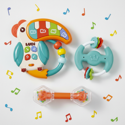 Caixa de Música Tucano Ludi — Contexto flat lay 3 peças