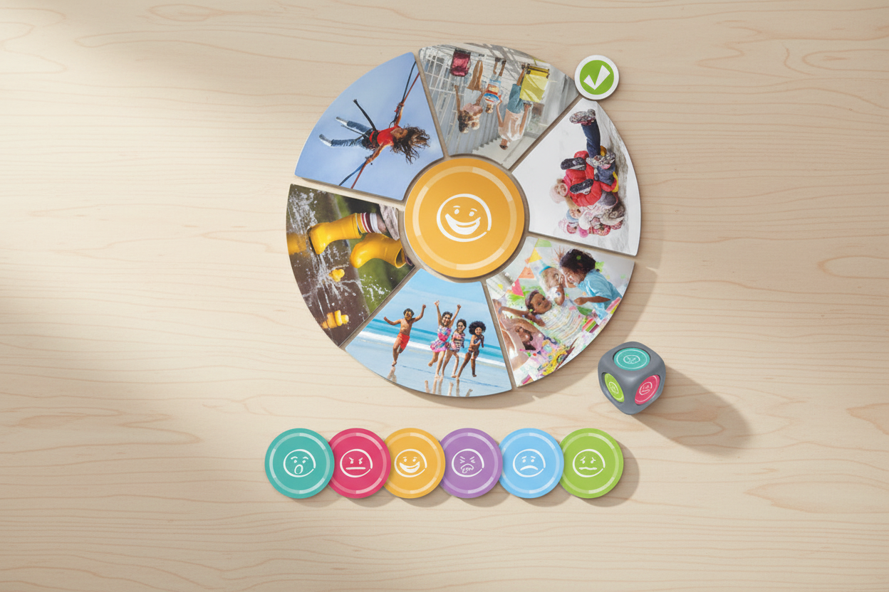 Jogo Como te Sentirias Se — lifestyle roda com fichas de emoções pequenas na mesa