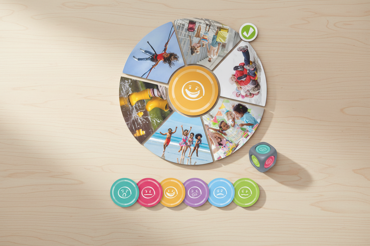Jogo Como te Sentirias Se — lifestyle roda com fichas de emoções pequenas na mesa
