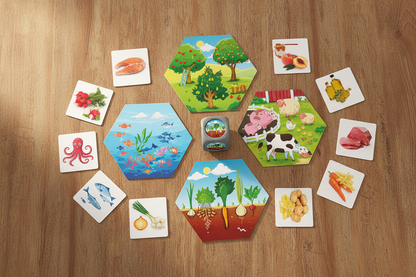 Jogo De Onde Vem a Comida — lifestyle 4 habitats com alimentos dispostos na mesa