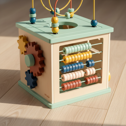 Cubo de Atividades Trixie — Contexto detalhe ábaco e engrenagens
