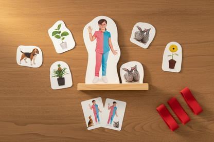 Jogo Esquerda e Direita — lifestyle silhueta acrílico com animais e fichas na mesa