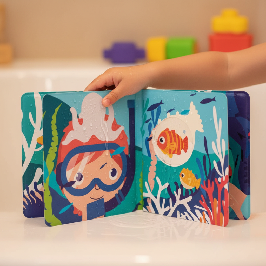 Livro de Banho Mágico Ludi — Contexto efeito página seca vs. molhada