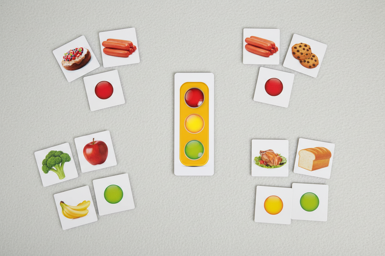 Jogo O Semáforo da Alimentação — lifestyle semáforo com cartões agrupados por cor