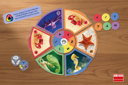 Jogo Cor para Todos — lifestyle roda de cores com fichas de animais e dados na mesa