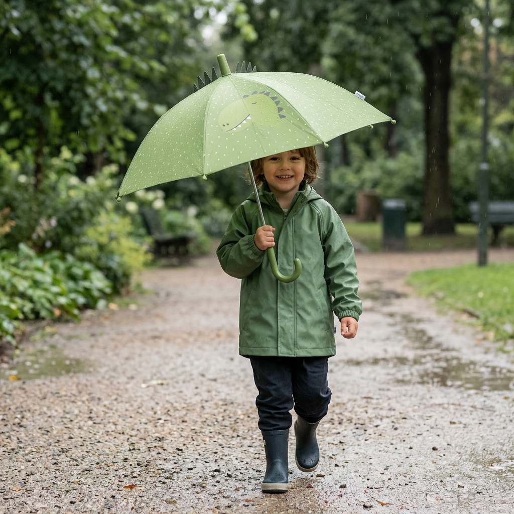 criança num passeio à chuva com o guarda-chuva infantil Trixie Mr Dino.