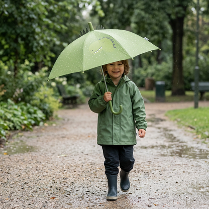 criança num passeio à chuva com o guarda-chuva infantil Trixie Mr Dino.