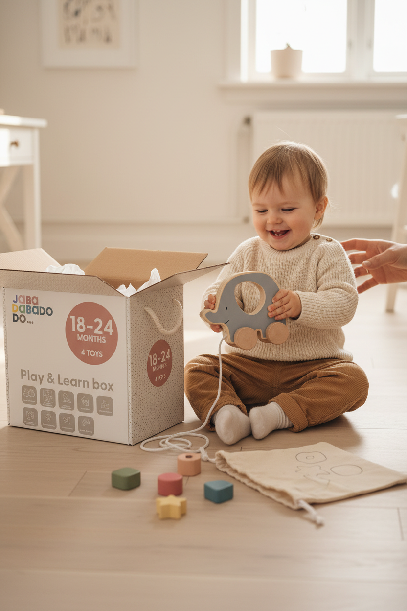 Caixa Pack — UGC bebé com elefante e caixa aberta