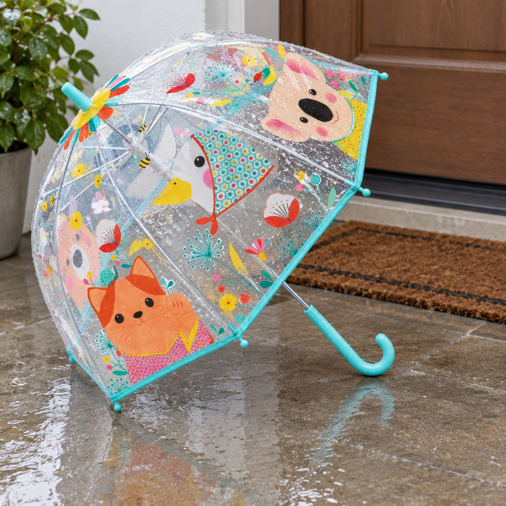 Guarda-chuva Natureza da Djeco à entrada de casa, em imagem gerada de estilo quotidiano